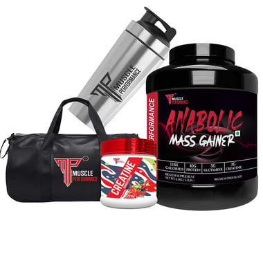 Muscle Performance Anabolic Mass Gainer with Creatine Monohydrate 0.66 lbs, Steel Shaker & Gym Bag Combo, 5.5 lb Belgium Chocolate