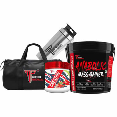 Muscle Performance Anabolic Mass Gainer with Creatine Monohydrate 0.66 lbs, Steel Shaker & Gym Bag Combo, 11 lb Creamy Vanilla