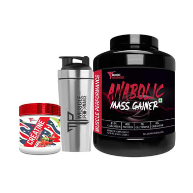 Muscle Performance Anabolic Mass Gainer with Creatine Monohydrate 0.66 lbs & Steel Shaker Combo,  5.5 lb  Belgium Chocolate 