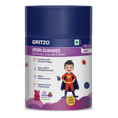 Gritzo Iron Gummies with Folic Acid and Vitamin C for 7+ Years Boys, 30 gummies Mixed Berry 7+ Yrs