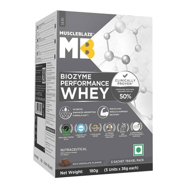 MuscleBlaze Biozyme Performance Whey Protein Powder (Old MRP), 0.4 lb Rich Chocolate Travel Pack (5x36g) sachets