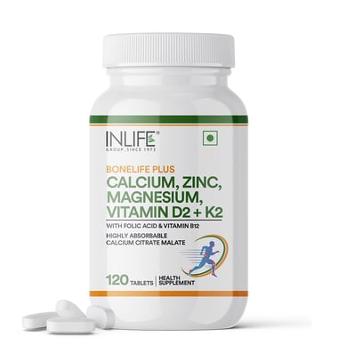 INLIFE Calcium Zinc Magnesium Vitamin D2 + K2 with Folic Acid & Vitamin B12,  120 tablet(s)  Unflavoured 