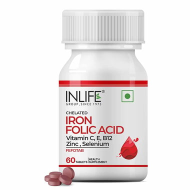 INLIFE Chelated Iron + Folic Acid with Vitamin C, E, B12, Zinc & Selenium, Unflavoured 60 tablet(s)