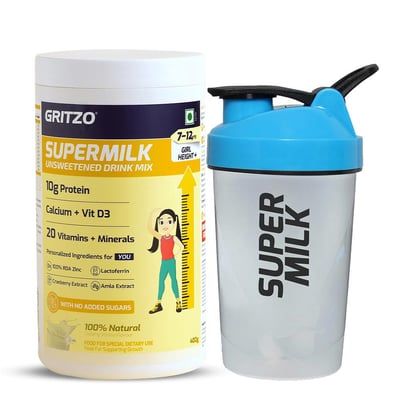 Supermilk Height+ Unsweetened for Girl 7 to 12 Yrs 400g Creamy Vanilla and Shaker Combo