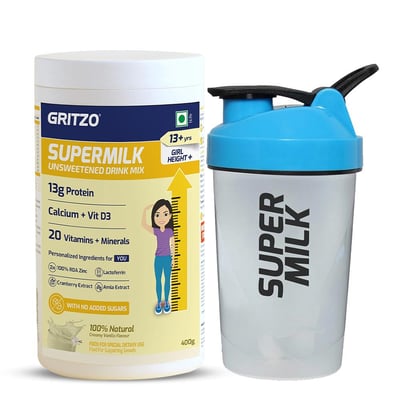 Supermilk Height+ Unsweetened for Girl 13+ Yrs 400g Creamy Vanilla and Shaker Combo