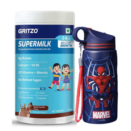 Supermilk Overall Growth for Boy/Girl 2 to 6 Yrs 400g Double Chocolate and 500ml Spiderman Sipper Combo