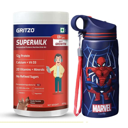 Supermilk Growth for 13+ Yrs Boy 400g Double Chocolate and 500ml Spiderman Sipper Combo