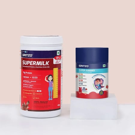 Gritzo SuperMilk Height+ for 13+ Yrs Girls 400 g Double Chocolate & Gummies Multivitamin Combo