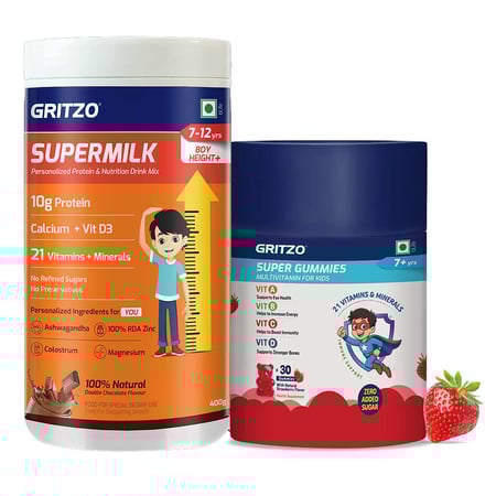 Gritzo SuperMilk Height+ for 7-12 Yrs Boy 400 g Double Chocolate & Gummies Multivitamin Combo