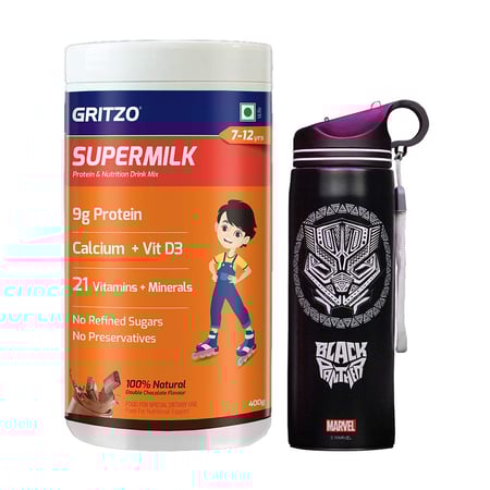 Supermilk Overall Growth for Boy 7 to 12 Yrs 400g and Black Panther Sipper 700ml Combo
