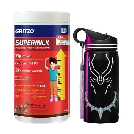 Supermilk Height+ for Boy 13+ Yrs 400g Double Chocolate and Black Panther Sipper 500ml Combo