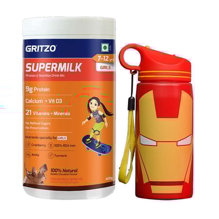 Supermilk Overall Growth for Girl 7 to 12 Yrs 400g and Iron Man Sipper 500ml Combo