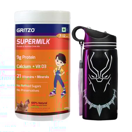 Supermilk Overall Growth for Boy 7 to 12 Yrs 400g and Black Panther Sipper 500ml Combo