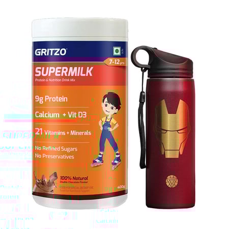 Supermilk Overall Growth for Boy 7 to 12 Yrs 400g and Iron Man Sipper 700ml Combo