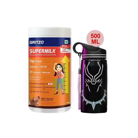 Supermilk Height+ for Girl 7 to 12 Yrs 400g and 500ml Black Panther Sipper Combo