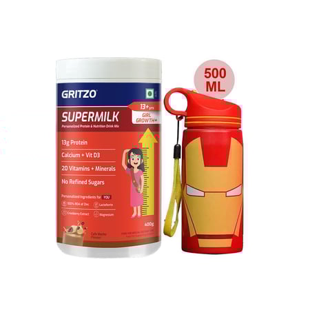 Supermilk Growth+ for Girl 13+ Yrs 400g Cafe Mocha and 500ml Iron Man Sipper Combo