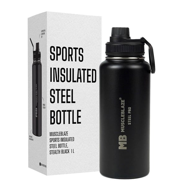 MuscleBlaze Sports Insulated Steel Bottle, Stealth Black 1 L