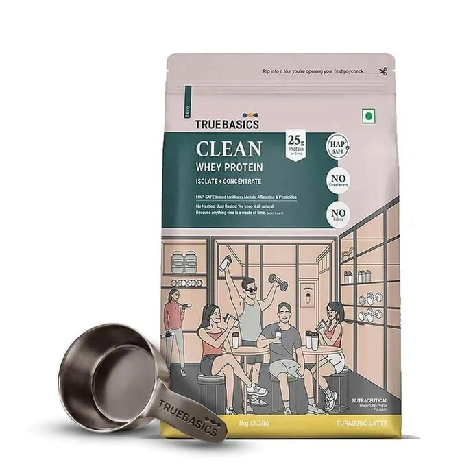 TrueBasics Clean Whey Protein (Isolate + Concentrate),  1 kg  Turmeric Latte  Blend (Isolate + Concentrate) 