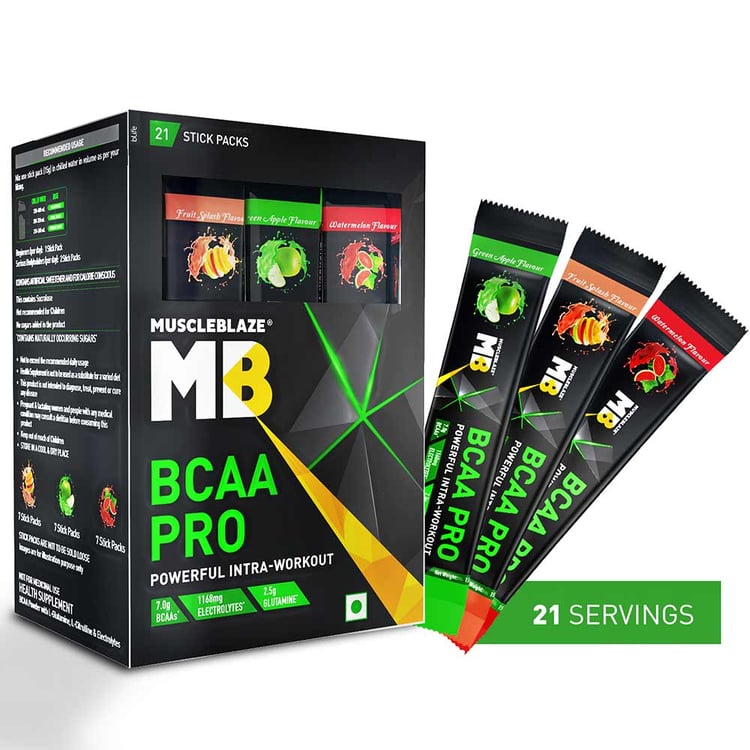 MuscleBlaze BCAA Pro Essential Amino Acids, 21 sachets/pack 21 Servings Watermelon, Fruit Splash & Green Apple