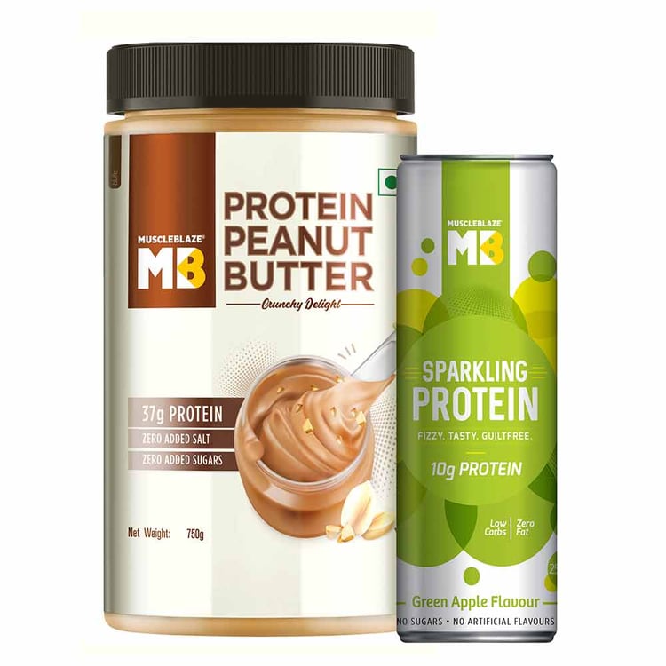 3 - MuscleBlaze High Protein Peanut Butter 750 g Unsweetened Crunchy with Sparkling Protein Water,  Green Apple  250 ml 