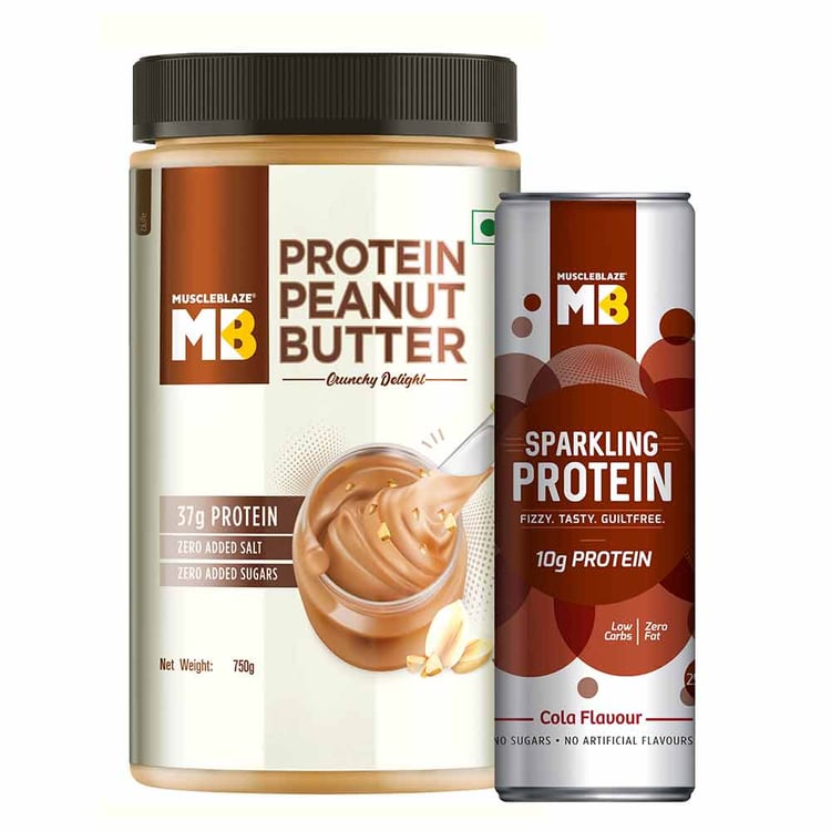 1 - MuscleBlaze High Protein Peanut Butter 750 g Unsweetened Crunchy with Sparkling Protein Water,  Cola  250 ml 