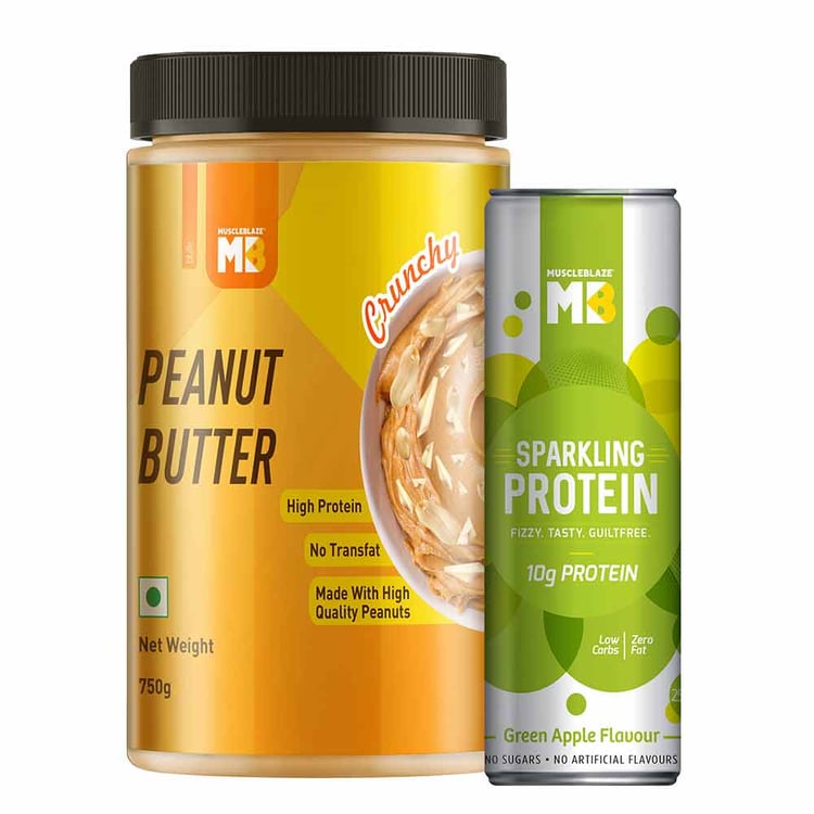 1 - MuscleBlaze Peanut Butter 750 g Crunchy with Sparkling Protein Water,  Mixed Berry  250 ml 
