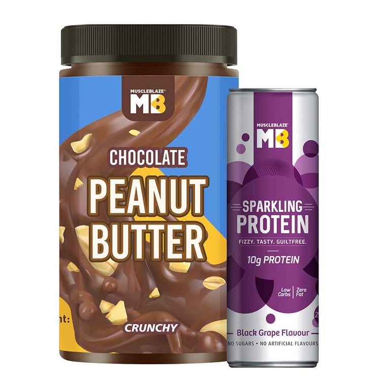 1 - MuscleBlaze Chocolate Peanut Butter 750 g Crunchy with Sparkling Protein Water,  Black Grape  250 ml 