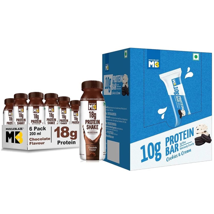 MuscleBlaze Protein Shake 6 Pack Chocolate & Protein Bar 6 bars Cookies & Cream Combo