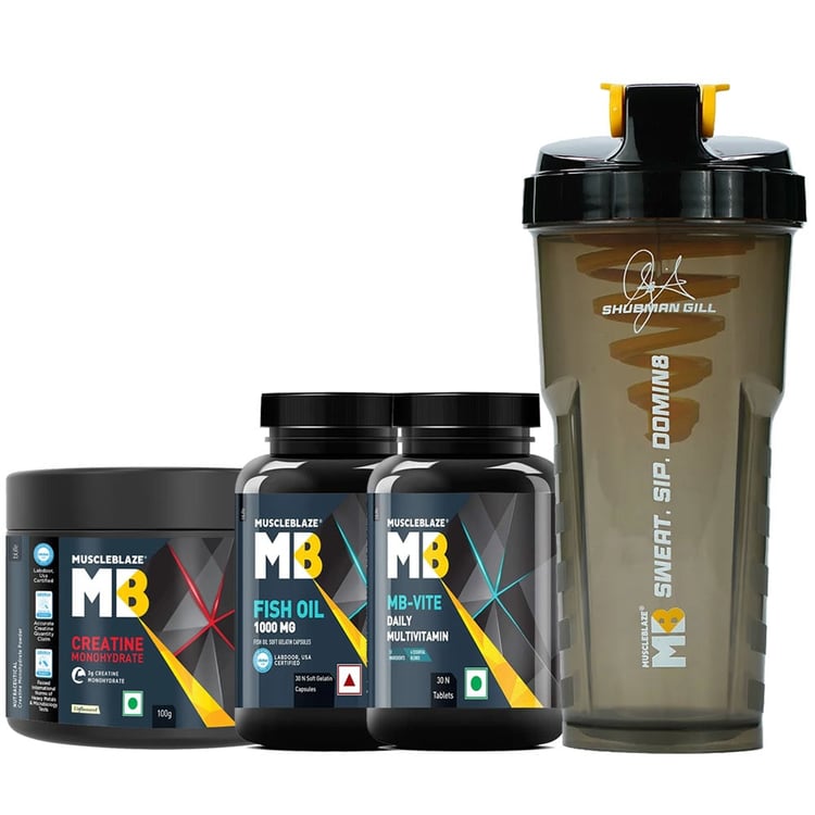 MuscleBlaze Creatine Monohydrate 0.22 lb & Fish Oil & MB-VITE 30 Tabs & Shaker Combo