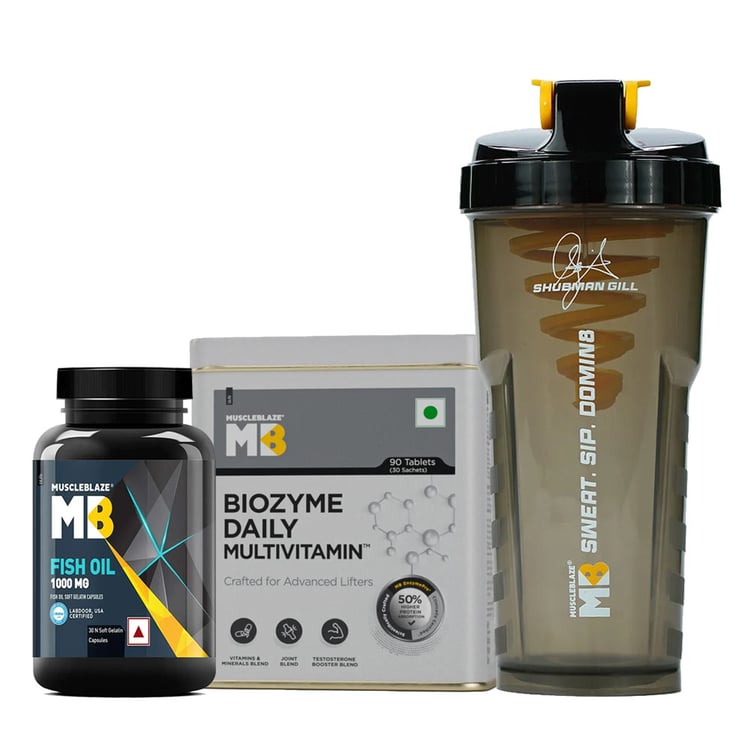 MuscleBlaze Biozyme Daily Multivit 90 Tabs & Fish Oil 30 Caps & Shaker Combo