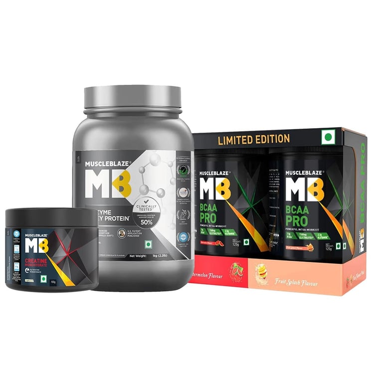 MuscleBlaze Biozyme Whey Protein 1kg + Creatine 100g + BCAA Pro 2 flavour pack Combo