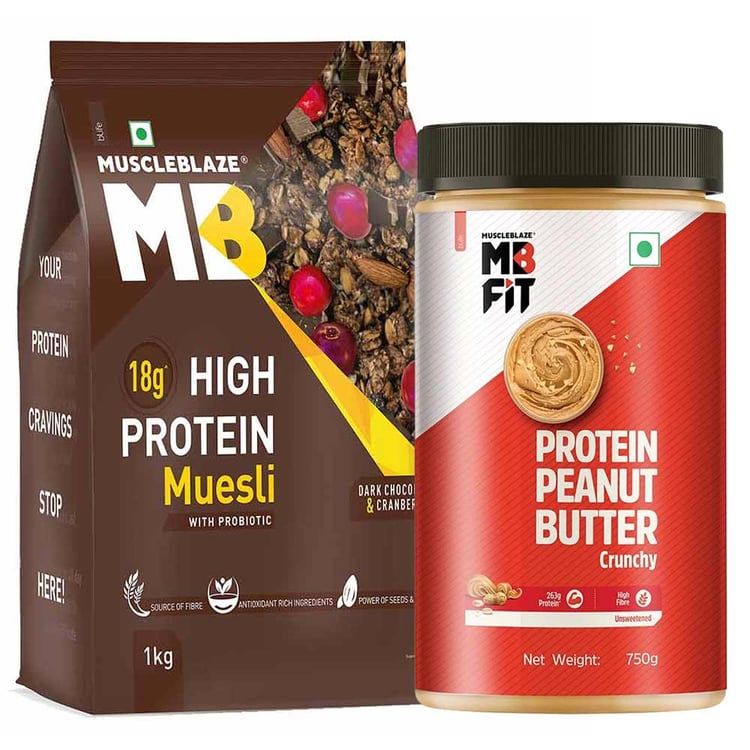 MuscleBlaze High Protein Peanut Butter 750g Crunchy & Muesli 1 kg Chocolate & Cranberry Combo