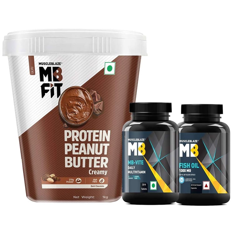 MuscleBlaze High Protein Peanut Butter 1 kg & Fish Oil & MB-VITE 30 Tabs Combo