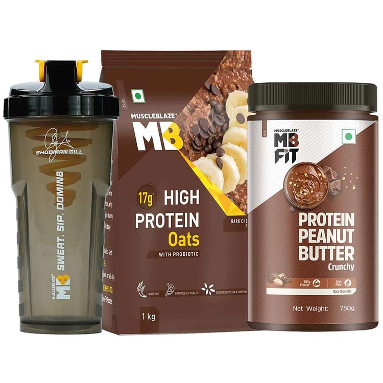 MuscleBlaze High Protein Oats 1 kg & Peanut Butter 750 g & Shaker Combo