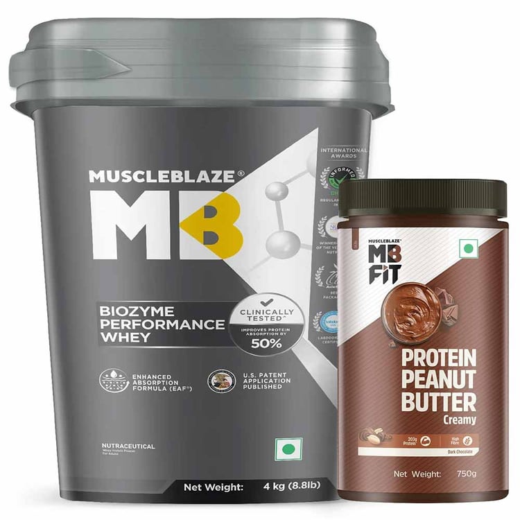 MuscleBlaze Biozyme Performance Whey 4kg Magical Mango & High Protein Peanut Butter 750g Dark Chocolate Creamy Combo