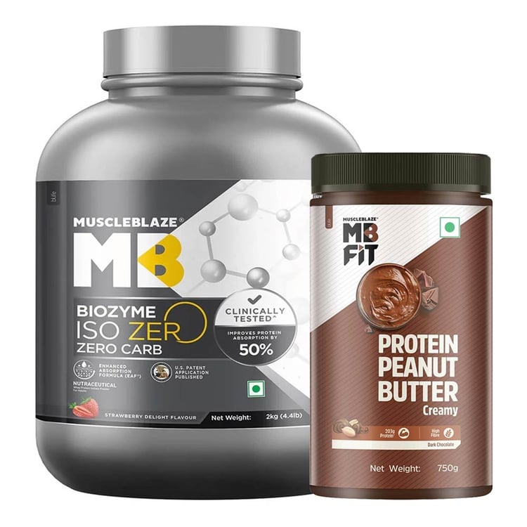 MuscleBlaze Biozyme Iso-Zero 2kg Zero Carb Strawberry Delight & High Protein Peanut Butter 750g Dark Chocolate Creamy Combo