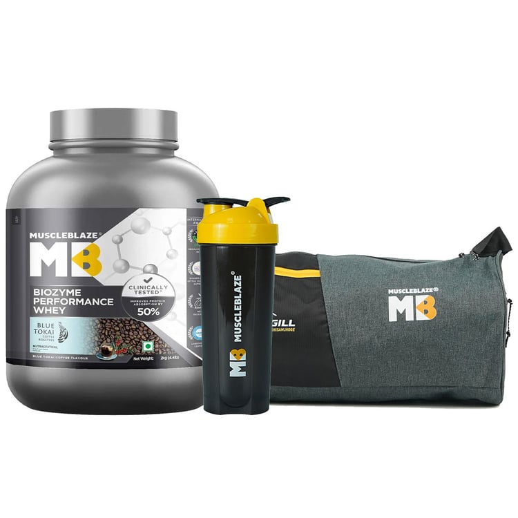 MuscleBlaze Biozyme Performance Whey 2 kg Blue Tokai Coffee & Shaker & Gym Bag Combo