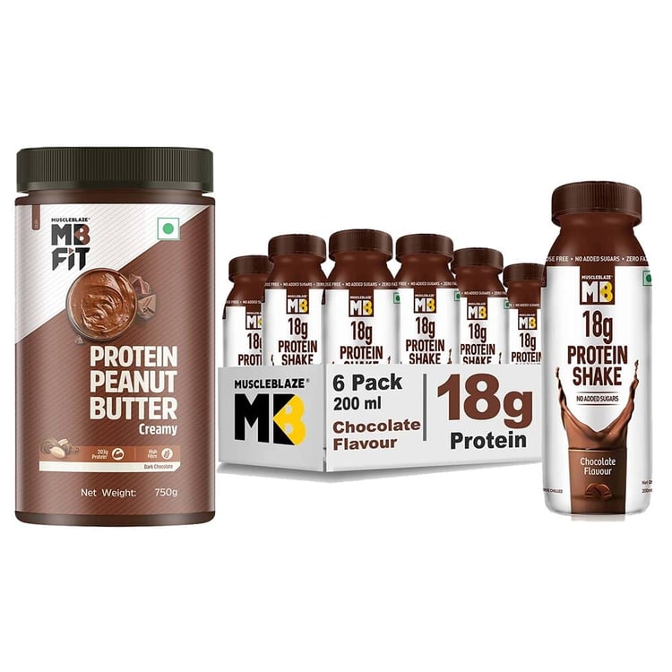 MuscleBlaze 18g Protein Shake 6 Piece(s) Chocolate & High Protein Peanut Butter 750g Combo