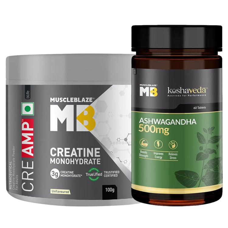 MuscleBlaze Creatine Monohydrate 0.22 lb & Ayurveda for Performance Ashwagandha 60 Tabs Combo