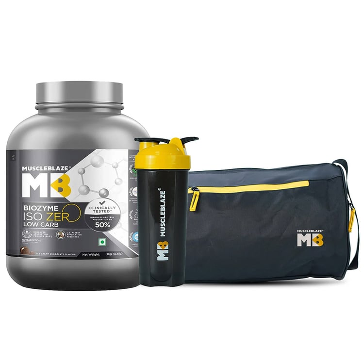 MuscleBlaze Biozyme Iso-Zero 2 kg Low Carb Ice Cream Chocolate & Gym Bag & Shaker Combo