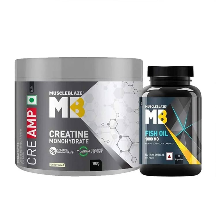 MuscleBlaze Creatine Monohydrate CreAMP 100g & Fish Oil 30 Caps Combo