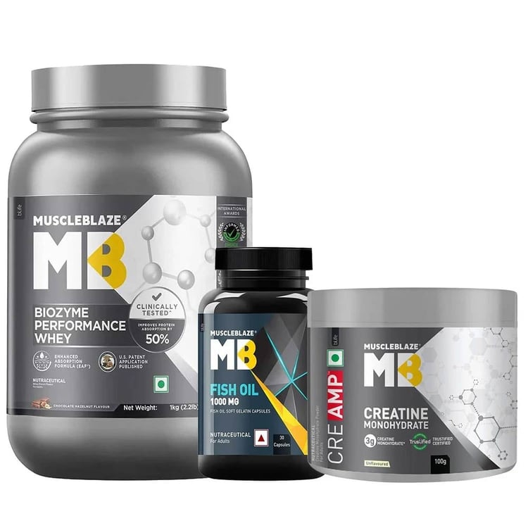 MuscleBlaze Biozyme Performance Whey 1 kg Chocolate Hazelnut & Creatine Monohydrate CreAMP 100g & Fish Oil 30 Caps Combo