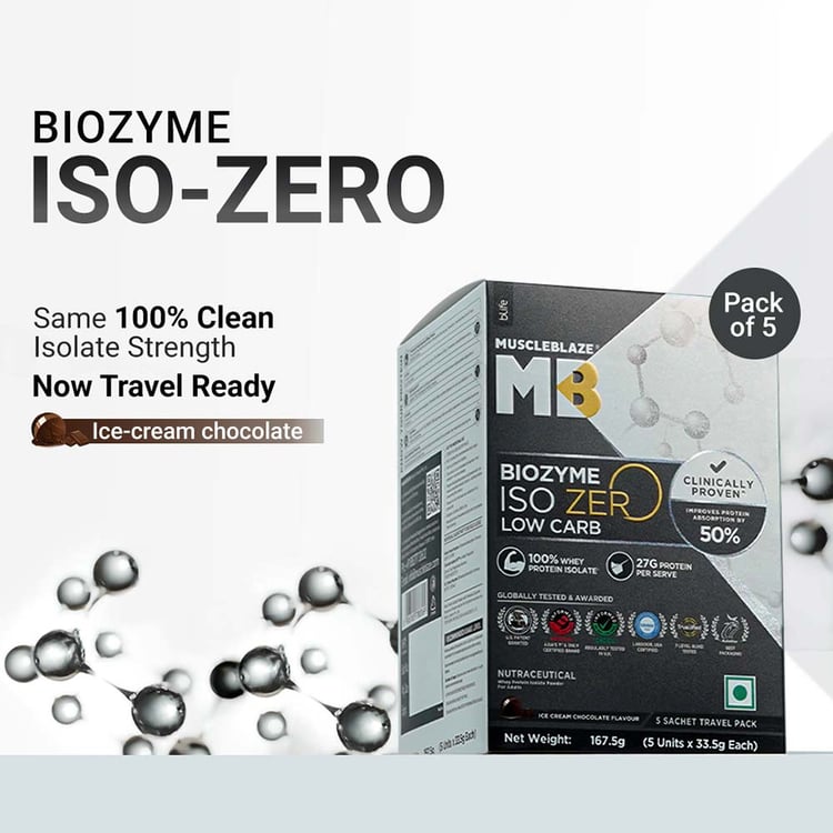 2 - MuscleBlaze Biozyme Iso-Zero,  0.37 lb  Low carb Ice Cream Chocolate (5x36g) Travel Pack 