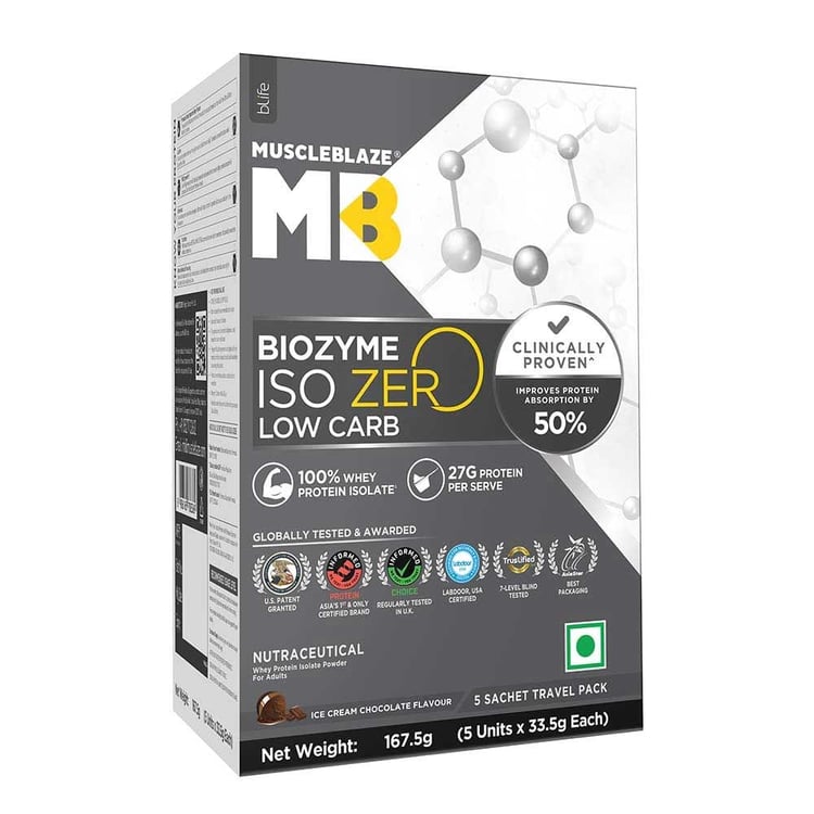 2 - MuscleBlaze Biozyme Iso-Zero Powder, 0.37 lb Low carb Ice Cream Chocolate Travel Pack (5x33.5g)