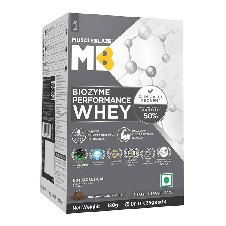 3 - MuscleBlaze Biozyme Performance Whey Protein Powder (Old MRP), 0.4 lb Rich Chocolate Travel Pack (5x36g) sachets